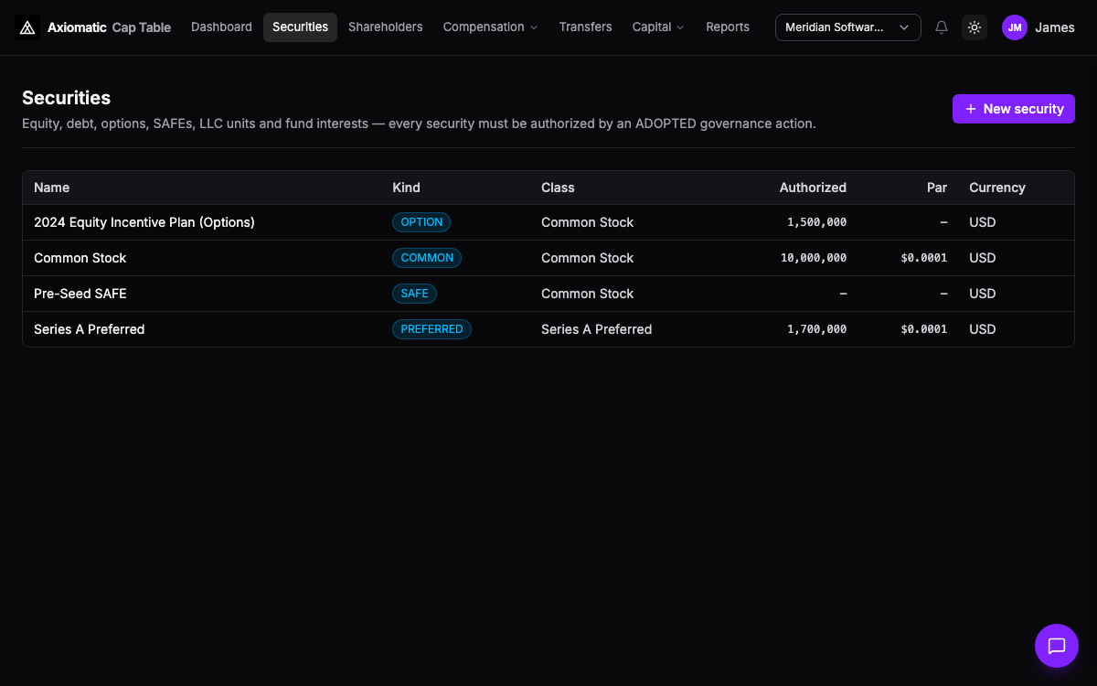 Cap table — securities definitions and instruments in TripleBooks