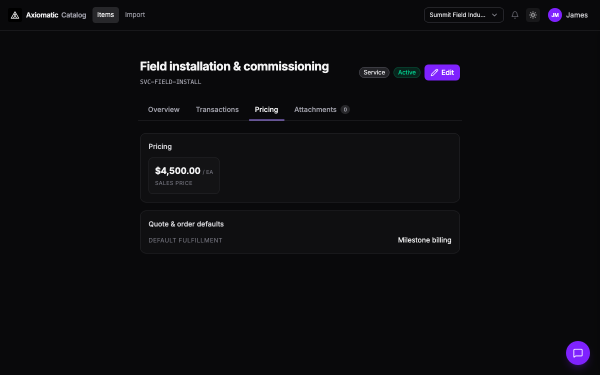 Catalog — service list price and fulfillment defaults in TripleBooks