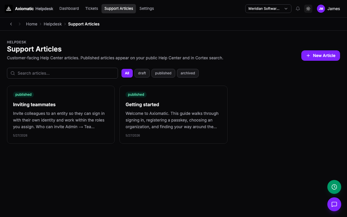 Helpdesk — internal knowledge base beside support in TripleBooks