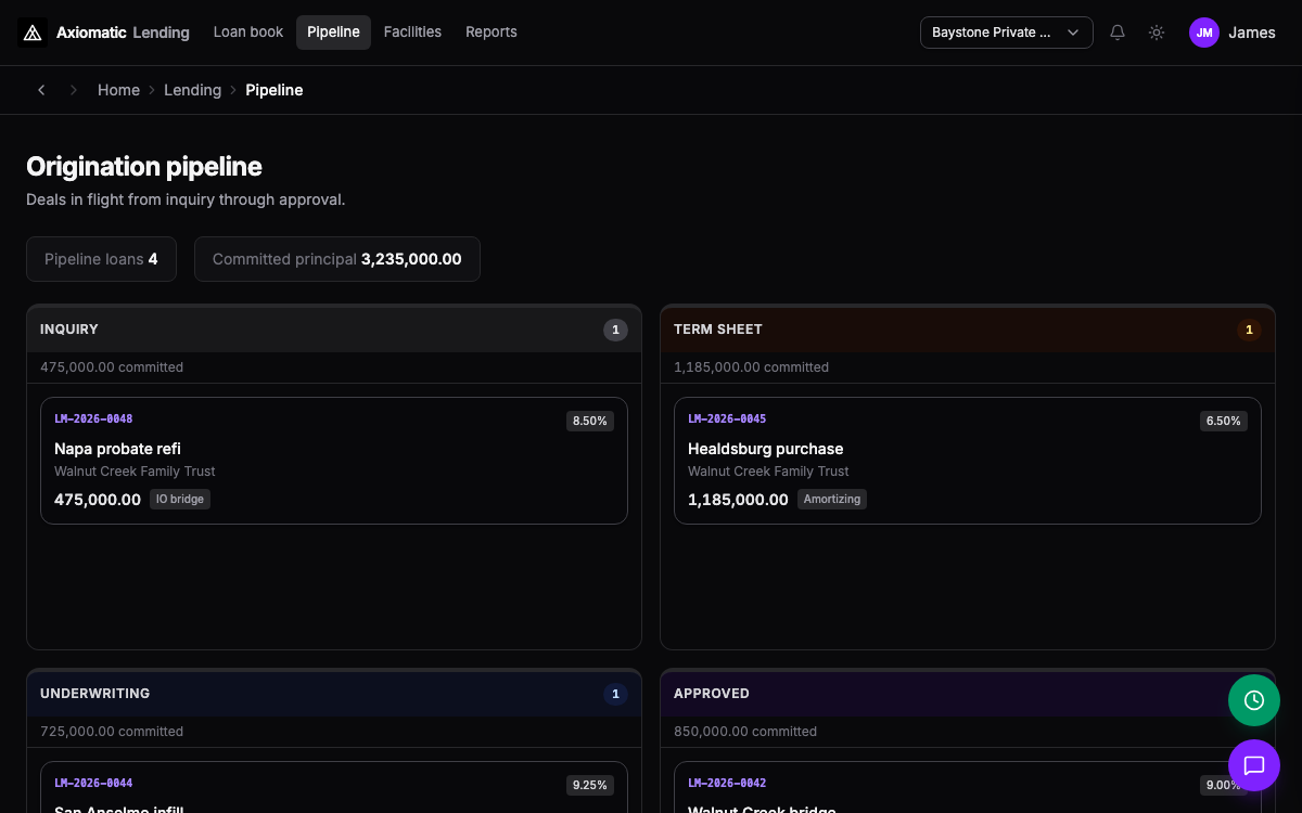 Lending — origination pipeline with stage columns in TripleBooks