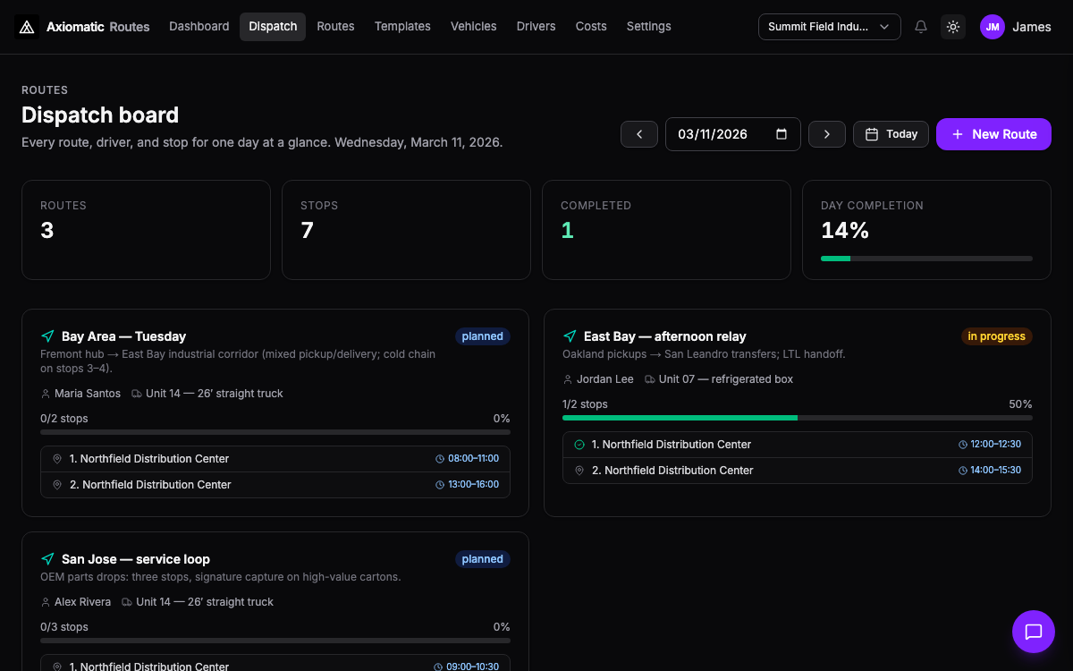 Routes — dispatch board and field execution in TripleBooks