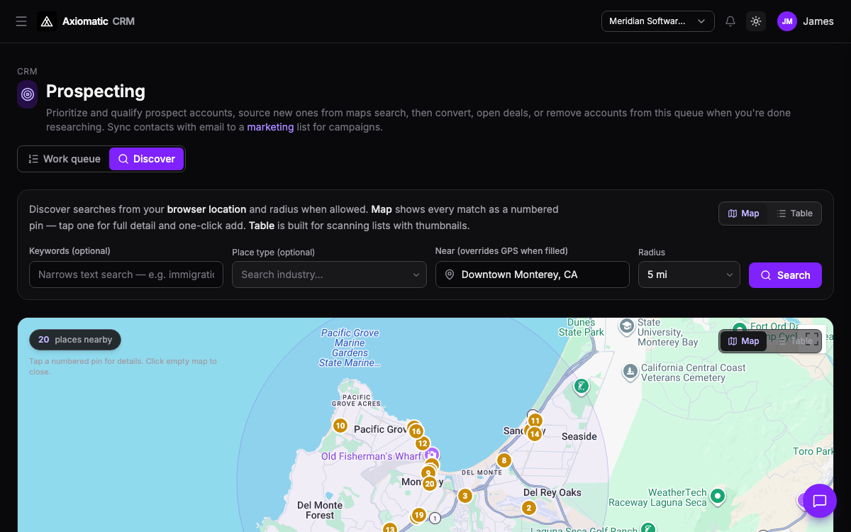CRM — Discover prospecting map with nearby places and numbered pins in TripleBooks