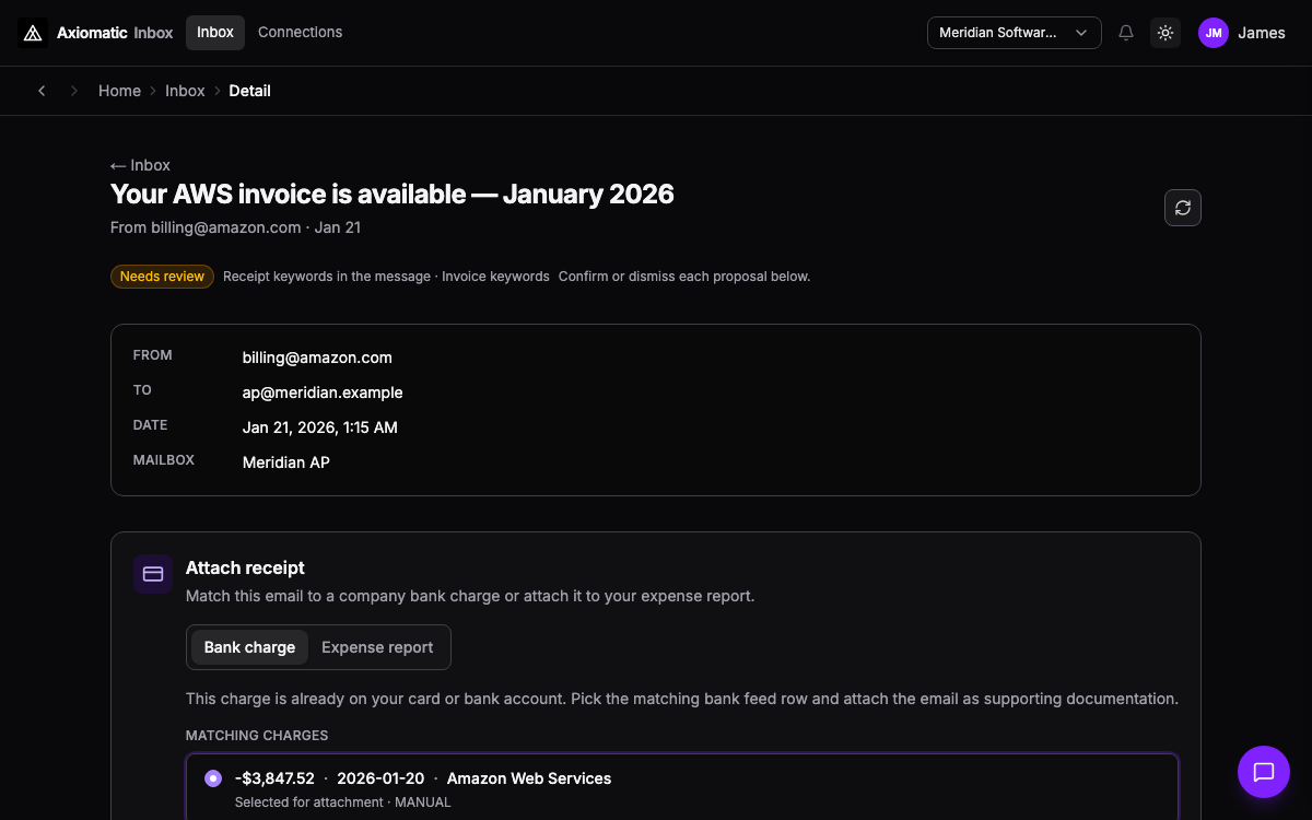 Inbox — AWS receipt triage with bank charge match proposal in TripleBooks