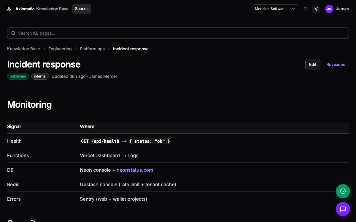 Knowledge Base — spaces, runbook indexes, and published articles with visibility controls in TripleBooks