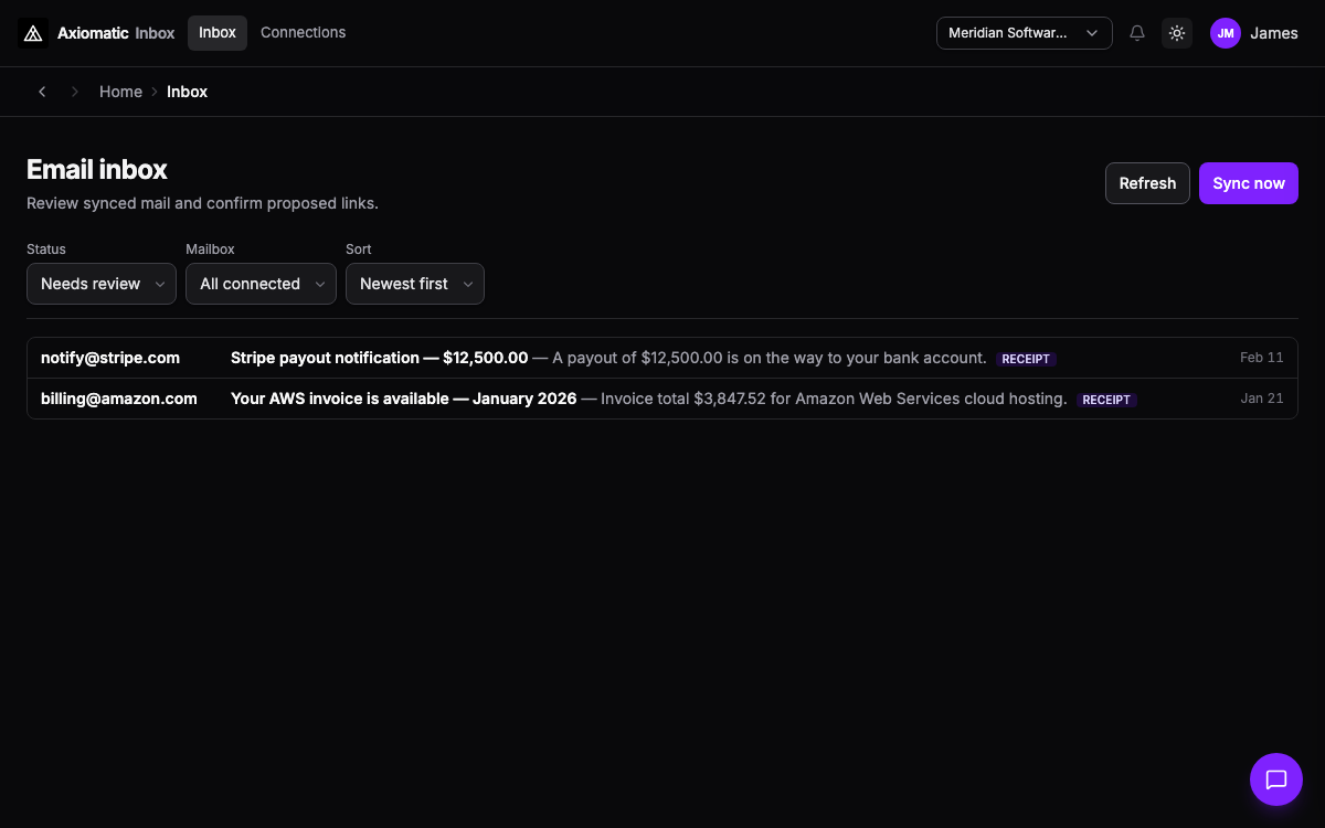 Inbox — synced mail review queue before ledger and CRM posting in TripleBooks