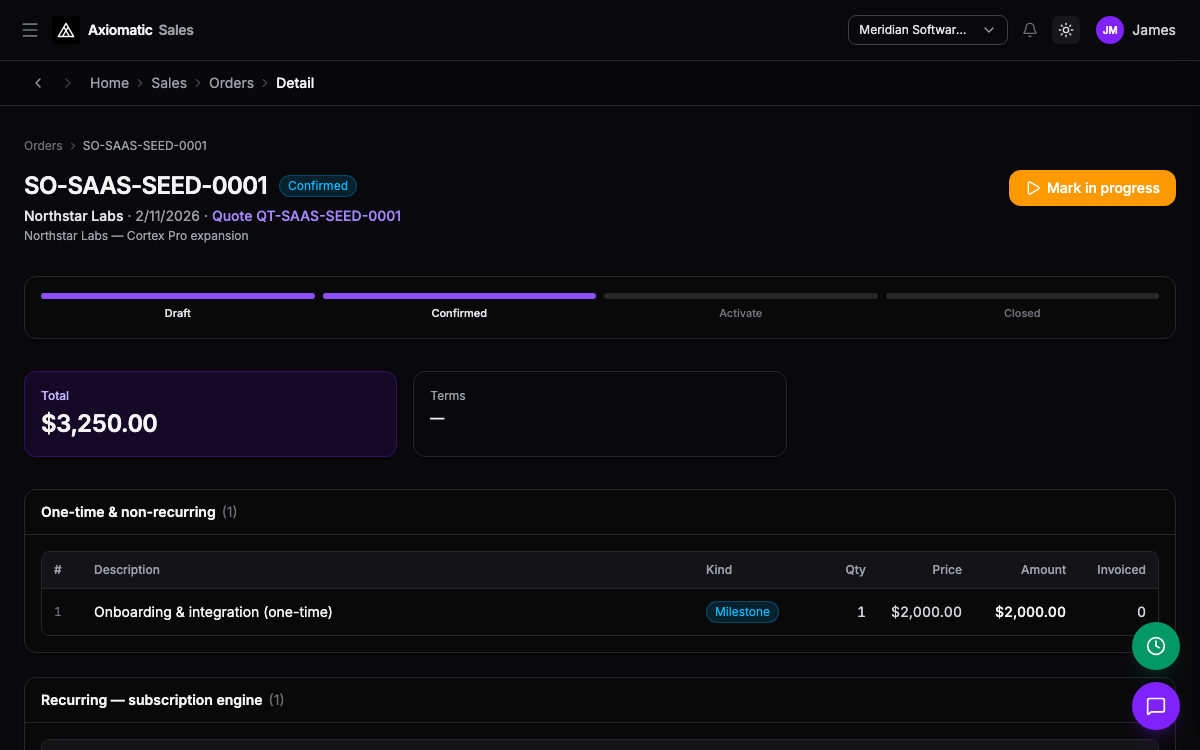 Sales — order detail with lines and fulfillment status in TripleBooks