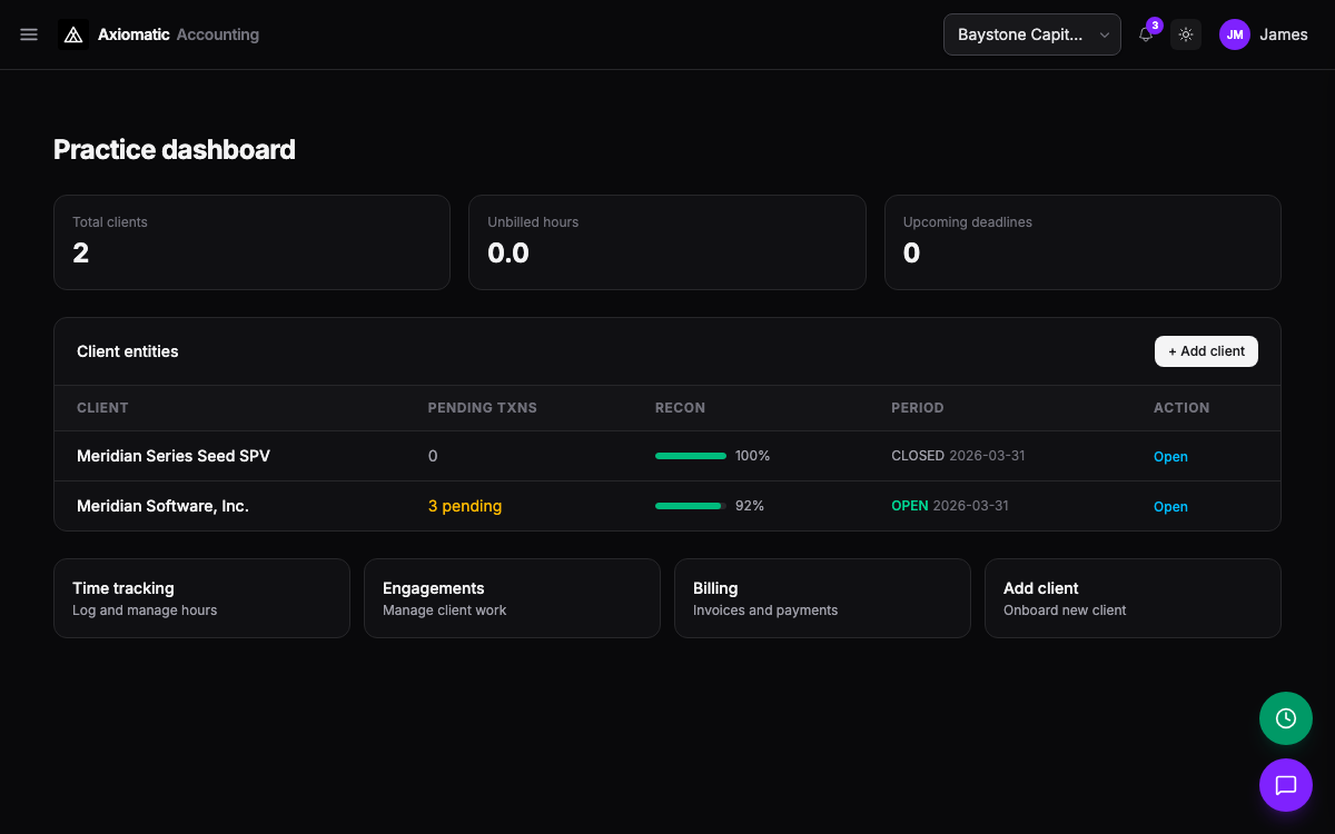 Practice dashboard — clients, engagements, and billing in TripleBooks