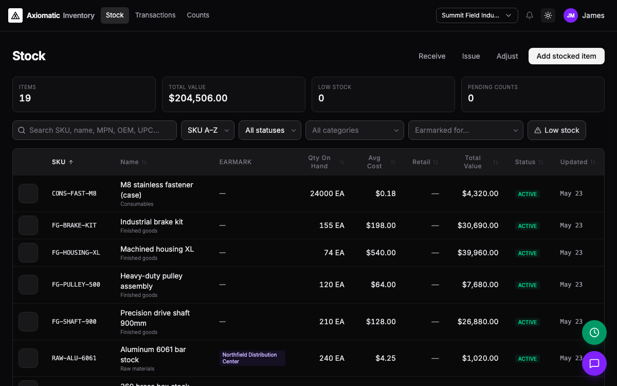 Industrial ERP — inventory SKU grid with product thumbnails on Summit Field Industries in TripleBooks